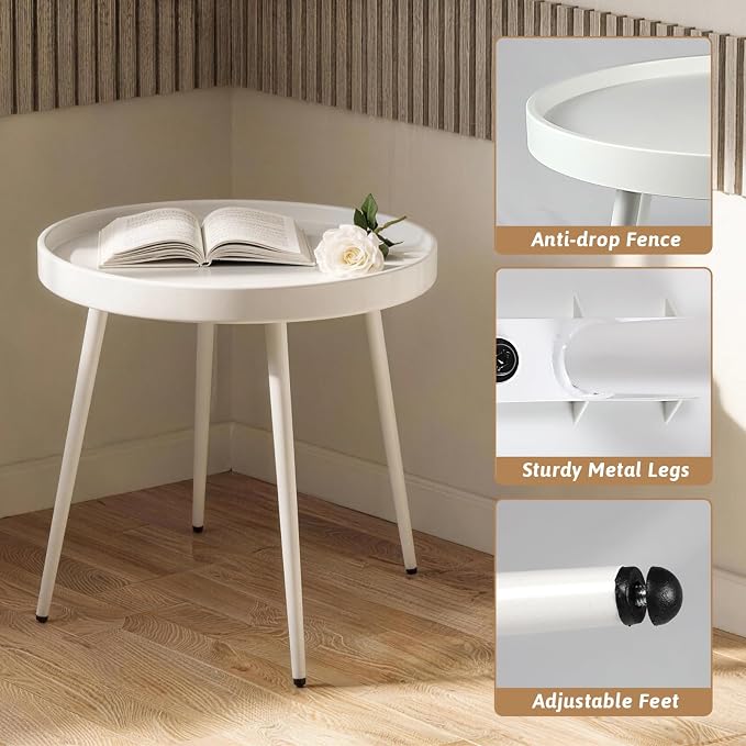 Small Round Side Table - Outdoor Indoor Metal Side Table with Anti-Fall Fence - Small Coffee Drink End Tables for Patio, Living Room Bedroom Porch -White
