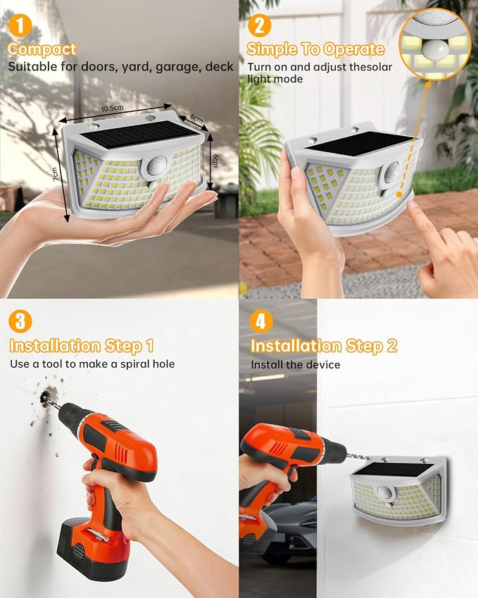 Aootek Solar Motion Sensor Lights Outdoor 120 LEDs, White, 4 Pack | Lights Reflector, 270° Wide Angle, IP65 Waterproof, Step Lights For Front Door, Yard, Garage, Deck