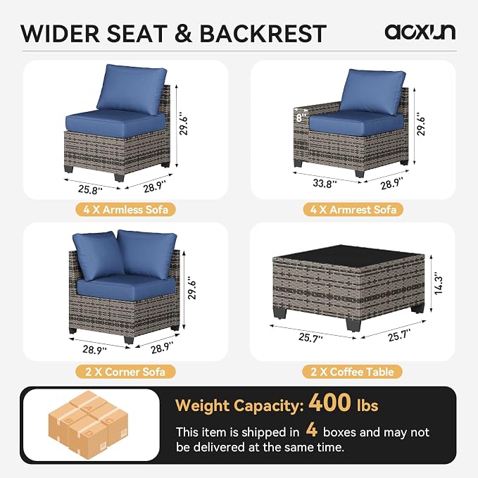 Aoxun Patio Furniture Set, 12 Pcs Outdoor Patio Furniture Sets with 4 in Thicken Cushion and Coffee Table, Widen Armrests Wicker Outdoor Sectional for Backyard & Garden, Navy Blue