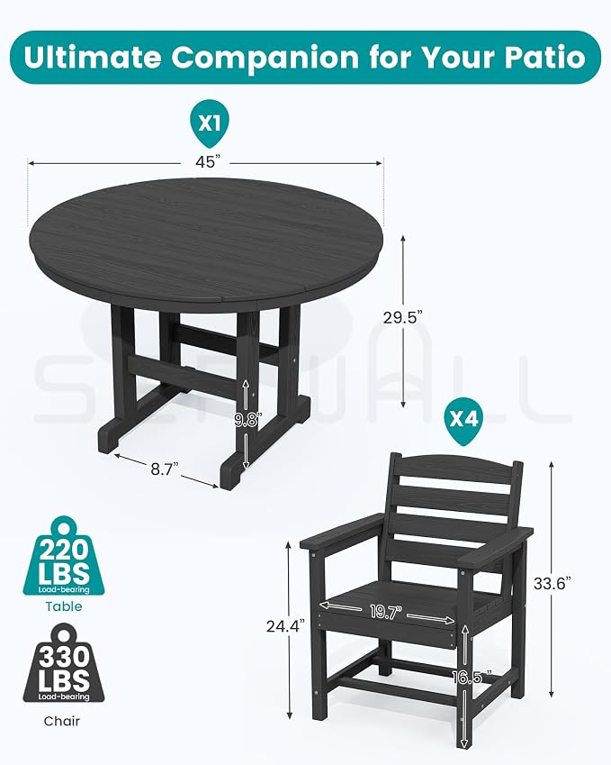 SERWALL Outdoor Round Dining Sets with Umbrella, HDPE Patio Table and Chairs Furniture Set, 45" Round Dining Table & 4 Dining Chairs & 1 9FT Umbrella, Black(Not Include Umbrella Base)