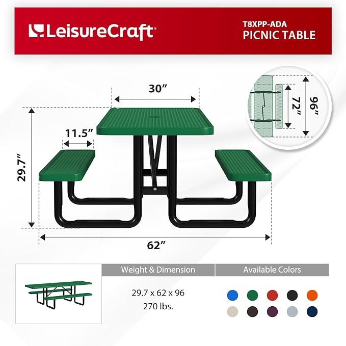 Leisure Craft Metal Picnic Table with Bench - 8 ft Rectangle Outdoor Dining Table with Umbrella Hole, Heavy Duty Thermoplastic Coating, ADA Compliant, Commercial Grade Furniture Made in USA - Green