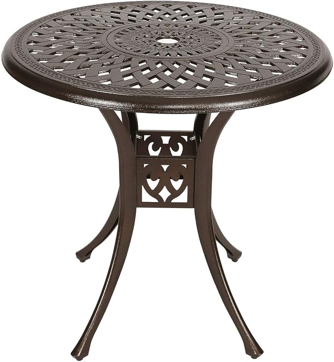 Puluomis 31” Round Cast Aluminum Dining Table, Outdoor Patio Retro Bistro Dining Table with 2” Umbrella Hole