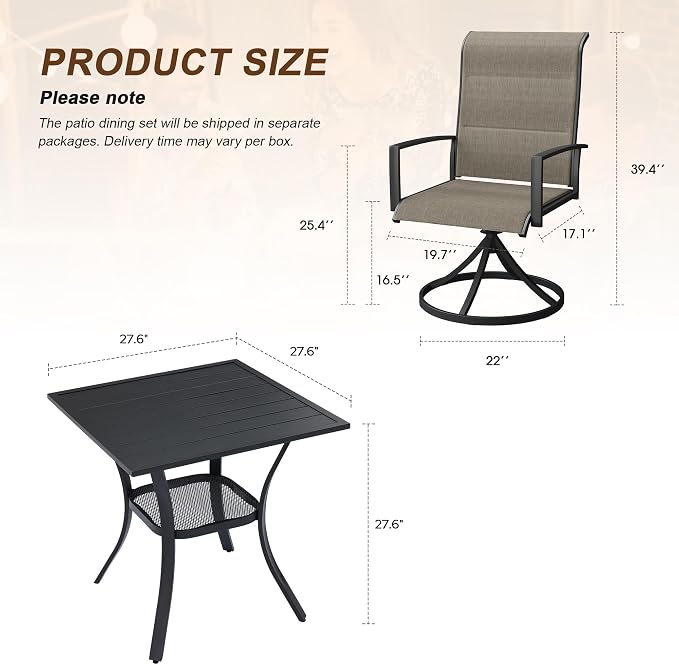 VICLLAX 3 Pieces Outdoor Dining Set, Patio Furniture Set Includes 27.6" Square Metal Table and 2 Padded Textilene Swivel Chairs for Porch, Lawn, Garden, Backyard