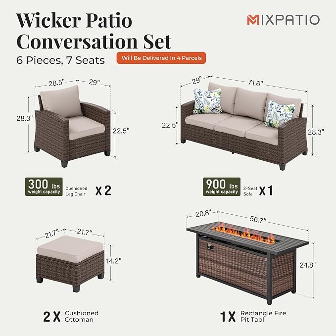 MIXPATIO Patio Furniture Set, 6 Pcs Wicker Rattan Outdoor Conversation Set, 2 x Leg Chairs, 1 x 3 Seater Sofa and 2 x Ottoman with 4" Thick Cushion and 56" Fire Pit Table, Beige