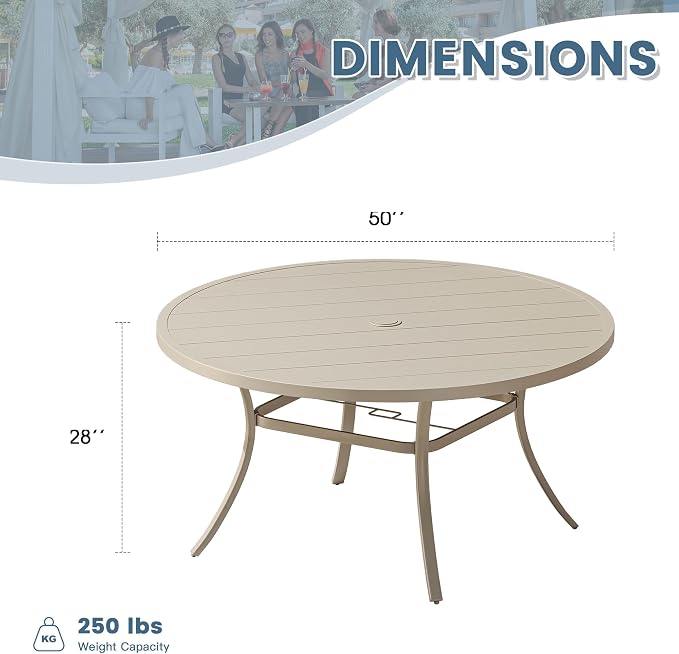 DIFY 50" Round Outdoor Patio Dining Table for 6, Metal Patio Table with 1.57" Adjustable Umbrella Hole, All-Weather Dining Furniture Table for Backyard Lawn Garden, Sandshell