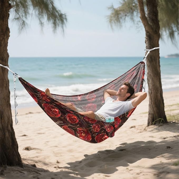 Camping Hammock Outdoor Hammocks for Outside Scarlet Rose Beach Trees Portable Lightweight with Pockets Tree Straps Indoor Small