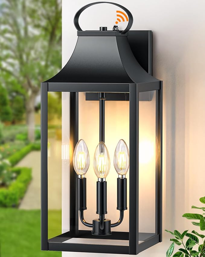 20" Extra Large Dusk to Dawn Outdoor Wall Light with 3-Light, Black | Exterior Lighting Fixtures, Waterproof Wall Mount Porch Lantern, Modern Outside Wall Sconce Garage Coach Light, E12, 1 Pack