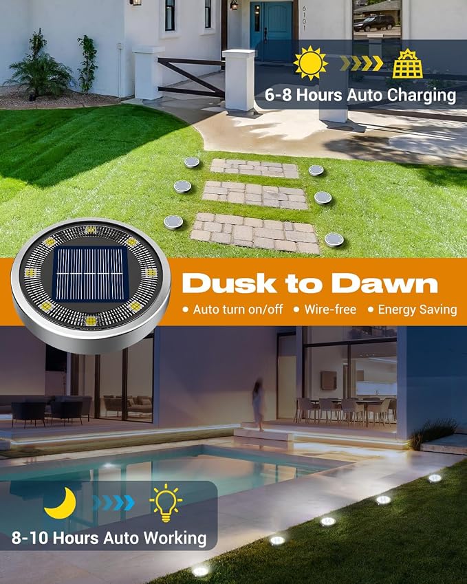 btfarm 6 Pack Solar Lights Outdoor, 8 LED Solar Ground Lights IP65 Waterproof Flat Solar Disc Light, Pathway Lights for Garden Lawn Patio Yard Path Landscape, Cool White