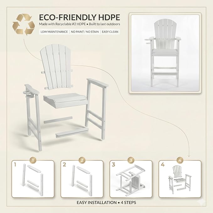 WILLIAMSPACE Patio Bar Chair Bar Stool, Outdoor All Weather HDPE Height Adirondack Chair with Armrests & Cup Holder, 1-Piece Counter Height Chair for Pool, Garden, Kitchen, ONLY Chair (White)