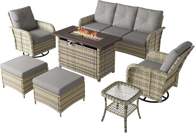 LazySunsets 9 Piece Outdoor Patio Furniture Set with 44'' Fire Pit Table, Wicker Rattan Outdoor Furniture with High Back Swivel Rocker Chairs, Outdoor Sofa Set with Thick Cushions & Ottoman, Grey