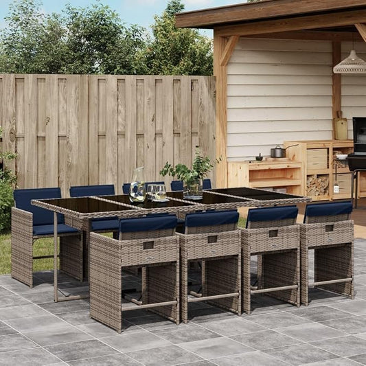 9 Piece Garden Dining Set with Cushions Grey Poly Rattan Outdoor Patio Furniture Table and 8 Chairs with Navy Blue Washable Seat Cushions Folding Backrest Tempered Glass for Al Fresco Dining