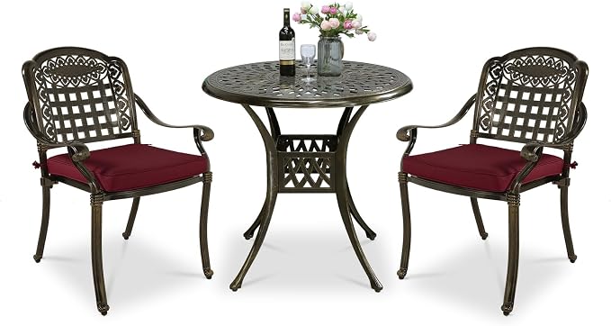 VIVIJASON 3-Piece Outdoor Patio Bistro Set, All-Weather Cast Aluminum Furniture Dining Sets Include 2 Cushioned Chairs and 31" Round Table w/Umbrella Hole for Balcony, Garden, Backyard, Red Cushion