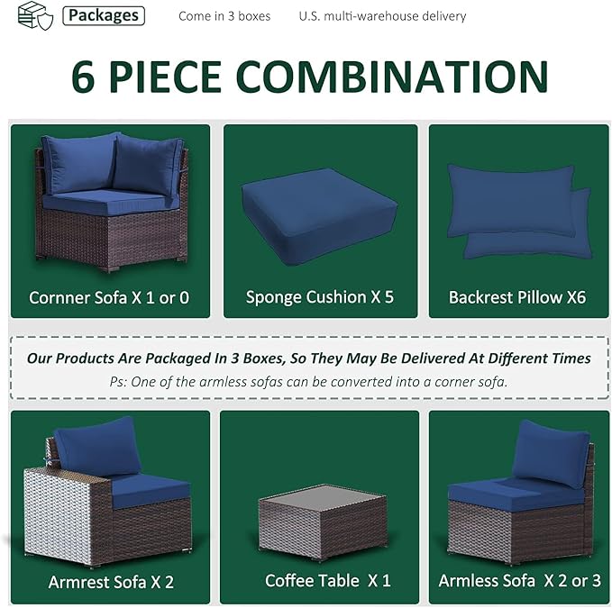 6 PCS Outdoor Patio Furniture Set,Outdoor Sectional Furniture All Weather PE Rattan Wicker Patio Conversation Set with Coffee Table and 5 Thickened Cushions,Navy Blue