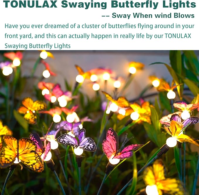 TONULAX Solar Garden Lights - 6 Pack Swaying Butterfly Light, Swaying in The Wind, Solar Outdoor Lights, Yard Patio Pathway Decoration, High Flexibility Iron Wire & Realistic Butterflies