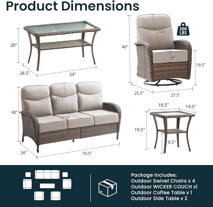 High Back Luxury Patio Furniture Set with 6-inch Thick Cushion, Swivel Rocker Patio Chairs Set of 4 with Outdoor Couch, 8 Piece Wicker Conversation Set for Deck Yard Garden Balcony Beige
