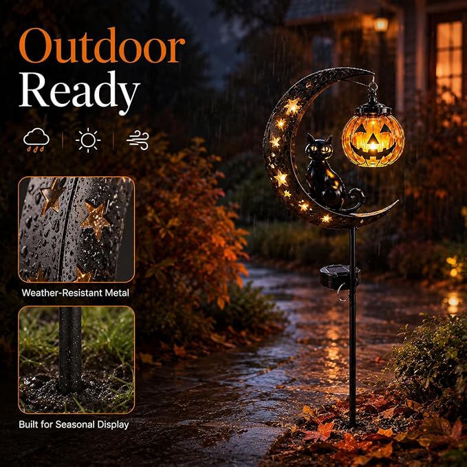 Solar Halloween Black Cat & Pumpkin Moon Garden Stake Light, Outdoor Waterproof LED Yard Decoration with Crescent Moon, Hanging Jack-o'-Lantern Lantern for Garden, Patio, Walkway, Porch(Style A)