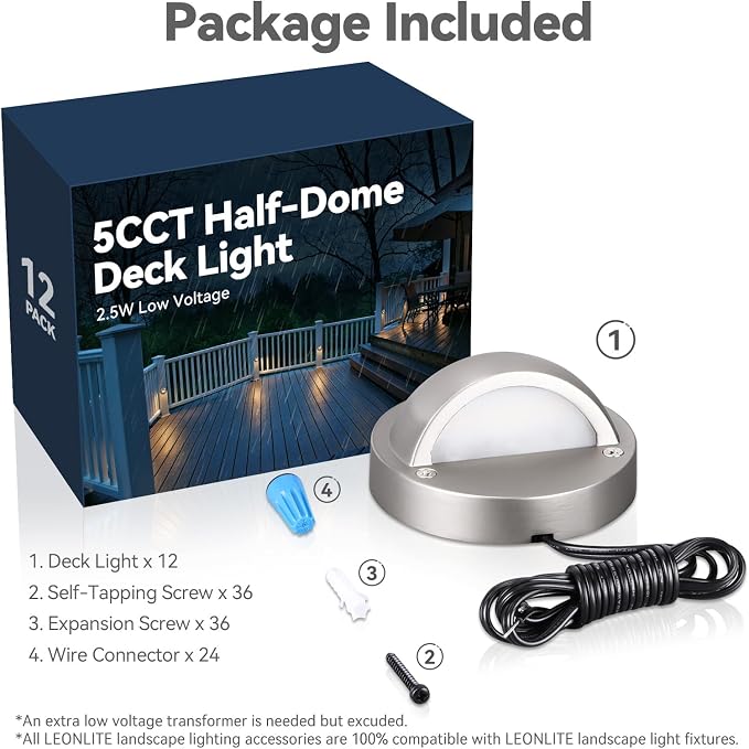 LEONLITE 12-Pack 5CCT 3.74inch Low Voltage LED Deck Light, Satin Nickel | 180LM, 12-24V AC/DC, CRI90, UL Listed, Die-cast Aluminum Housing, Frosted Glass Lens, 1800K/2700K/3000K/4000K/5000K