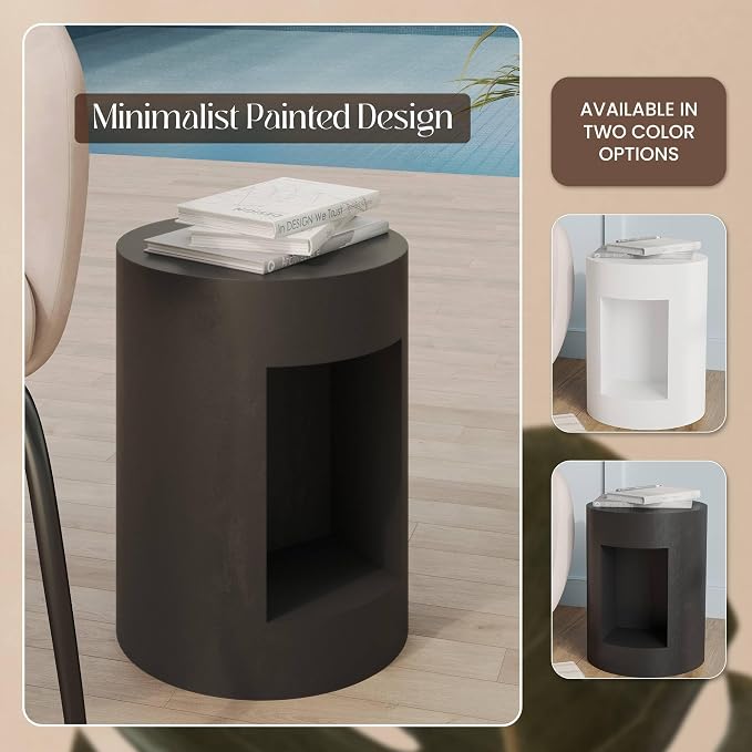 LeisureMod 14” Wide Black Round Side Table in Fiberstone with Open Storage, Painted Finish, for Indoor Outdoor Use, Modern Living Room, Bedroom, Patio, Garden