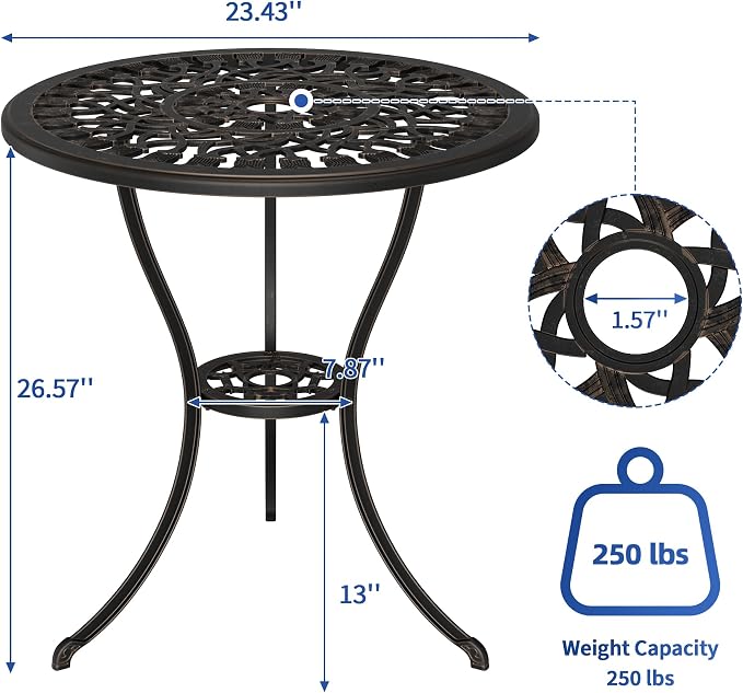 23" Round Cast Aluminum Patio Bistro Table, Outdoor Coffee Bistro Side Table with Umbrella Hole, Antique Design Dining Desk for Backyard, Garden, Porch, Pool, Balcony, Bronze