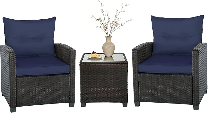 SHGJ&SOFT 3 Pieces Patio Furniture Set, Outdoor Conversation Set with Cushions, PE Rattan Wicker Bistro Set and Tempered Glass Tabletop, Outdoor Rattan Sofa for Poolside,Porch,Balcony (Navy Blue)