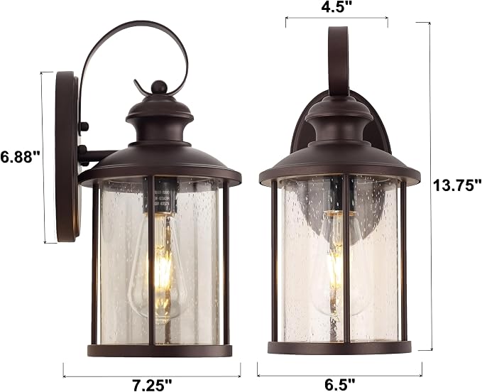 MICSIU 13.75" Bronze Vintage Farmhouse Round Outdoor Wall Light 2 Pack | 100W Max, Clear Seedy Glass, Exterior Porch Sconce for House, Garage, Front Door, Deck