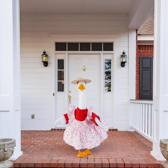 Gardener Porch Goose Outfit for 23 Inch Cement Plastic Statue, Spring Summer Goose Clothes Costume with Hat and Garden Accessories for Outdoor Yard Lawn Patio Decor