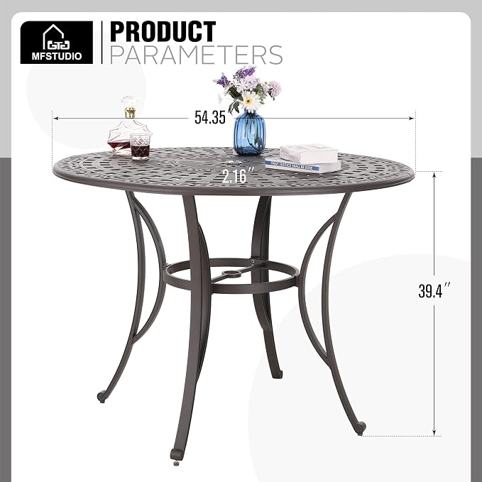 MFSTUDIO Cast Aluminum 54" Outdoor Bar Height Table, Round Patio Dining Table, Metal Patio Bistro Table with Umbrella Hole, Retro Design Outdoor Dining Table for 4-6
