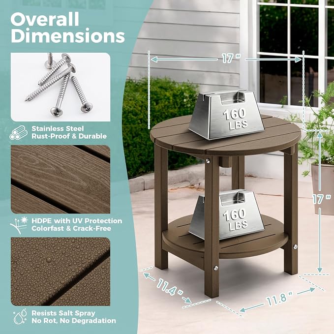 Outdoor Side Table, Adirondack Round 2-Tier Patio Table, Easy Maintenance & Weather Resistant, HDPE End Table for Backyard, Pool, Patio, Porch, Brown