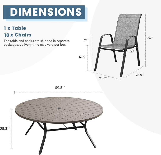 DIFY 11 Piece Outdoor Dining Set, 60" Grey Wood-Like Round Metal Dining Table and Grey Textilene Stackable Patio Chairs, Patio Table and Chairs Set for 10 with Umbrella Hole for Backyard Garden Deck