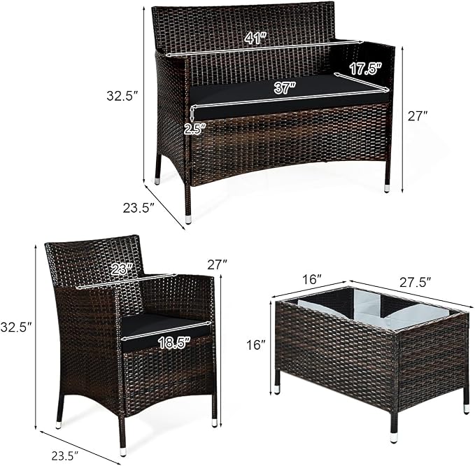 COSTWAY 8PCS Rattan Patio Furniture Set | Outdoor Wicker Rattan Chairs with Coffee Table, Rattan Cushioned Conversation Set for Backyard Balcony Porch Poolside, Black