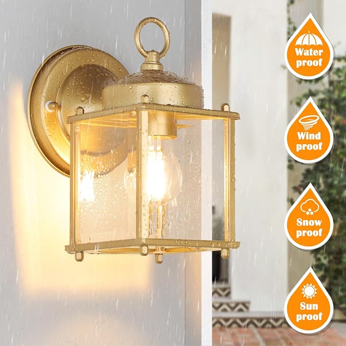MATAMEYE Outdoor Wall Lantern, Exterior Waterproof Wall Sconce Light Fixtures, Gold Front Door Lighting with Clear Beveled Glass Shade, 2 Pack