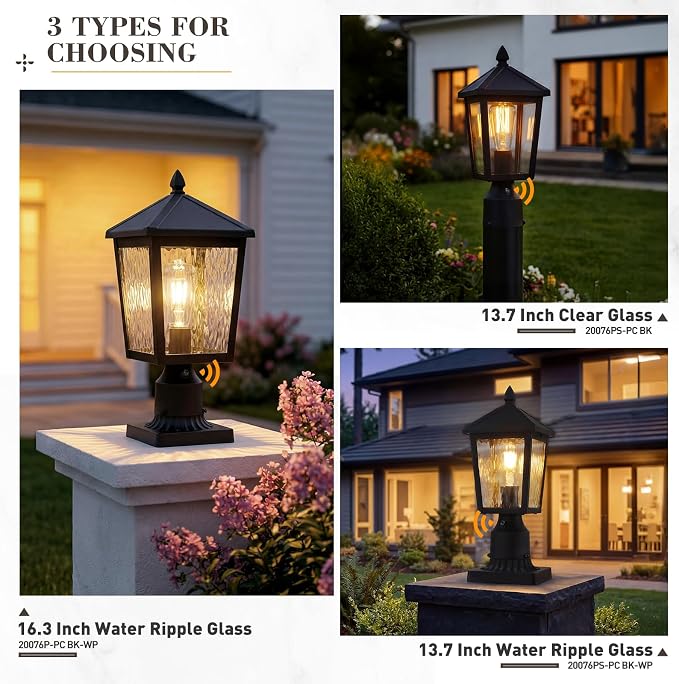 zeyu Dusk to Dawn Lamp Post Fixture with Photocell Sensor, 16 Inch Outdoor Lamp Post Light Sensor, Post Lantern Lamp with Water Ripple Glass, 20076P-PC BK-WP