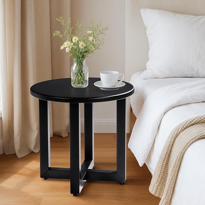 Metal Outdoor Round Table, 2-Tier Sturdy Patio End Table Weather Resistant, Round End Table for Patio, Pool, Porch (Black)