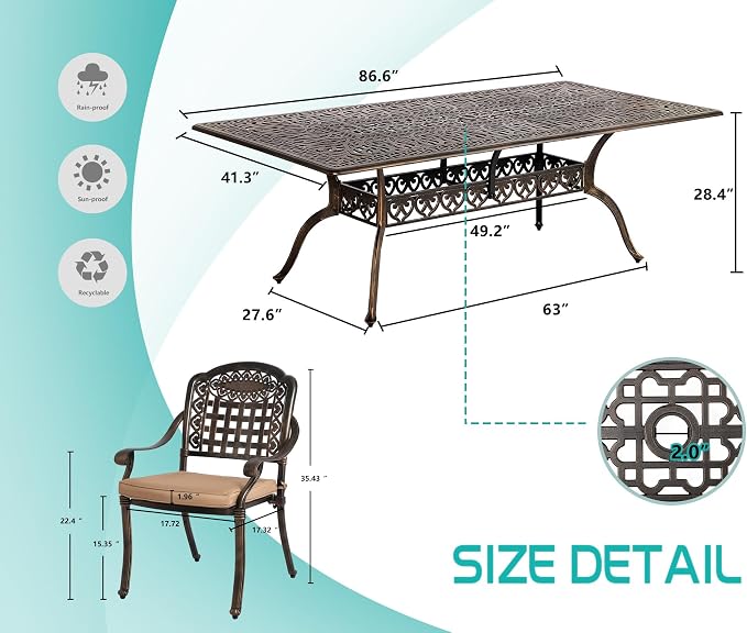 TITIMO 9-Piece Cast Aluminum Patio Furniture Set, Outdoor Patio Dining Set Bistro Conversation Set, Rectangular Dining Table Set w/Cushions Umbrella Hole (Khaki-Fixed Grid Chair, 9 Pcs)