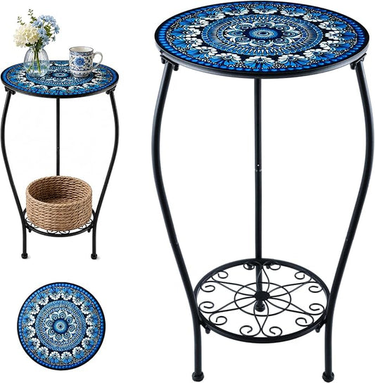 Two-tiered 13 Inch Metal Round Side Table Set of Two Small Black Outside End Table for Patio Round Accent Garden Corner Stand for Small Spaces Weather-resistant Outdoor Coffee Table for Balcony