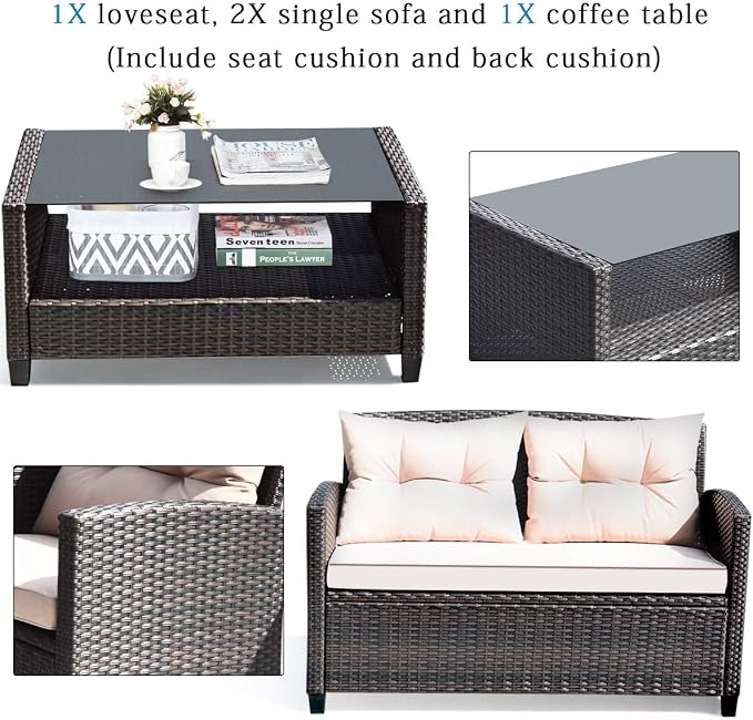 Tangkula 4-Piece Patio Furniture Set, Rattan Wicker Chair Set with 1 Loveseat, 2 Single Sofas, 1 Coffee Table with Tempered Glass Top, Outdoor Furniture Sets for Backyard, Porch, Garden and Poolside
