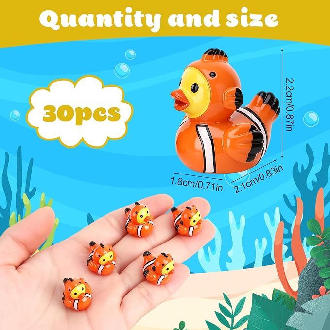 30 Pcs Clownfish Ducks, Mini Clownfish Resin Ducks Bulk | Fun Printed Toy Figures for Birthday Party Favors, Themed Decor, Kids Gift Collection (Clownfish)