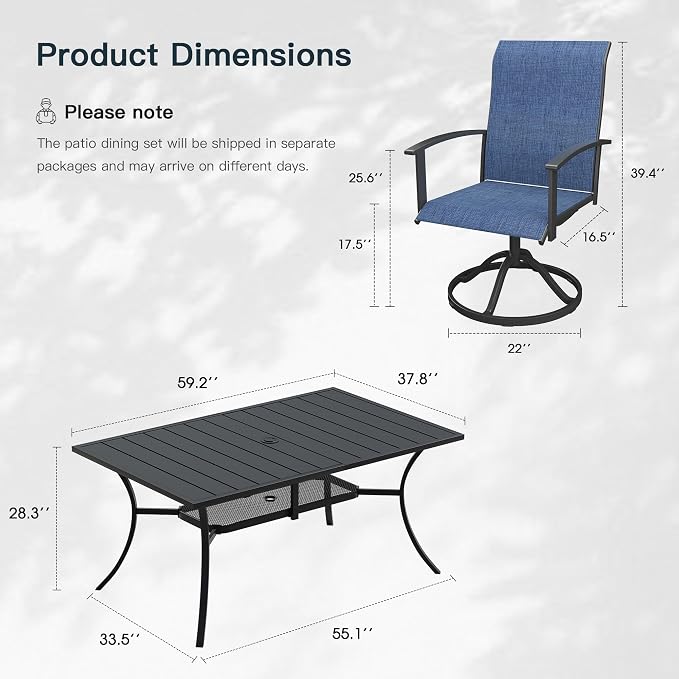 VICLLAX 7 Pieces Patio Outdoor Dining Set, 6 Swivel Textilene Chairs and 59" Round Metal Table with Umbrella Hole for Porch, Deck, Garden, Black/Dark Blue
