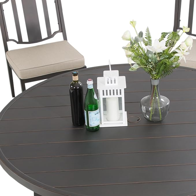 Ulax furniture Outdoor Dining Table 60 Inch Round - Aluminum Patio Table with Umbrella Hole, Weather-Resistant Garden Table for 6 (Brown)