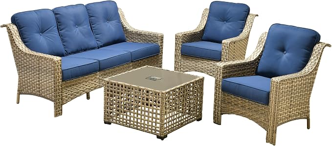 Outdoor Patio Furniture Sets, 4 PCS Patio Conversation Set Outside Rattan Sofa with Solar Light Coffee Table Comfy Cushions Fit Backyard Porch Garden Poolside Balcony,Navy Blue