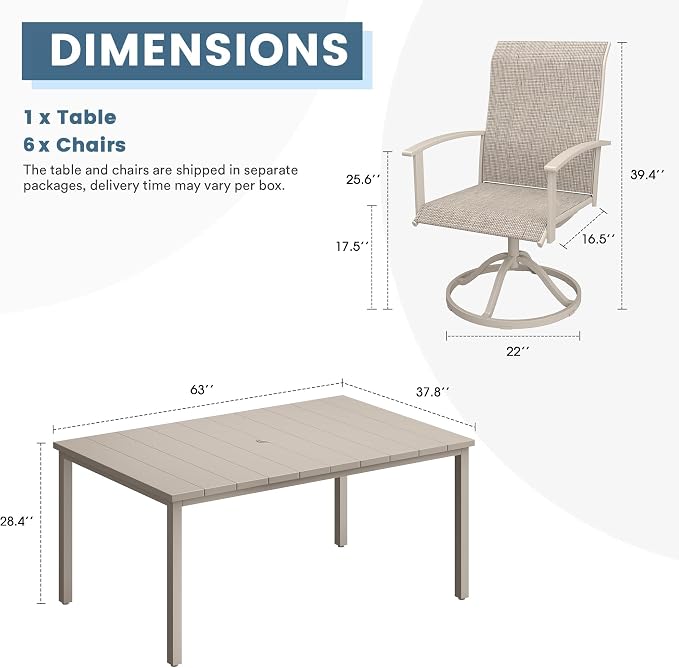 DIFY 7 Pieces Outdoor Dining Set, Metal Patio Table and Chairs Set for 6 with Umbrella Hole, 63" Rectangle Outdoor Table and Textilene Swivel Patio Chairs for Garden, Backyard, Poolside, Sandshell