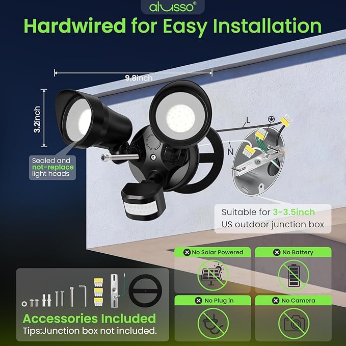 ALUSSO Motion Sensor Outdoor Lights, 30W 3500LM Flood Lights Outdoor 120V, 3 Modes (Dusk to Dawn/Auto/On Time), 3CCT 3000K/4000K/6500K Waterproof Hardwired Security Light ETL Listed for Porch, 2PCS