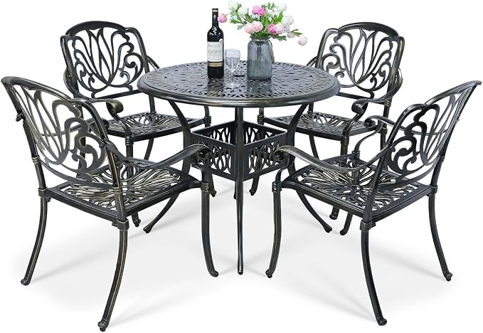 VIVIJASON 5-Piece Outdoor Patio Dining Set, All-Weather Cast Aluminum Conversation Set, Patio Furniture Set for Balcony Lawn Garden Backyard, Include 4 Chairs, a 35.4 inch Round Table w/Umbrella Hole
