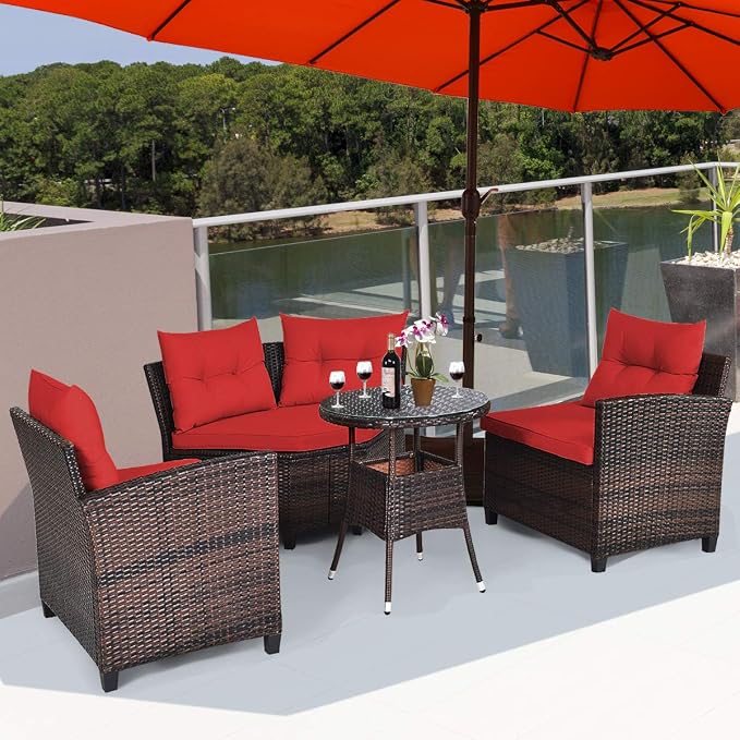 COSTWAY 4-Piece Patio Furniture Set, Wicker Rattan Sofa with Cushions and Coffee Table, Outdoor Sectional Conversation Sofa Set for Poolside Backyard Lawn Backyard (Red)