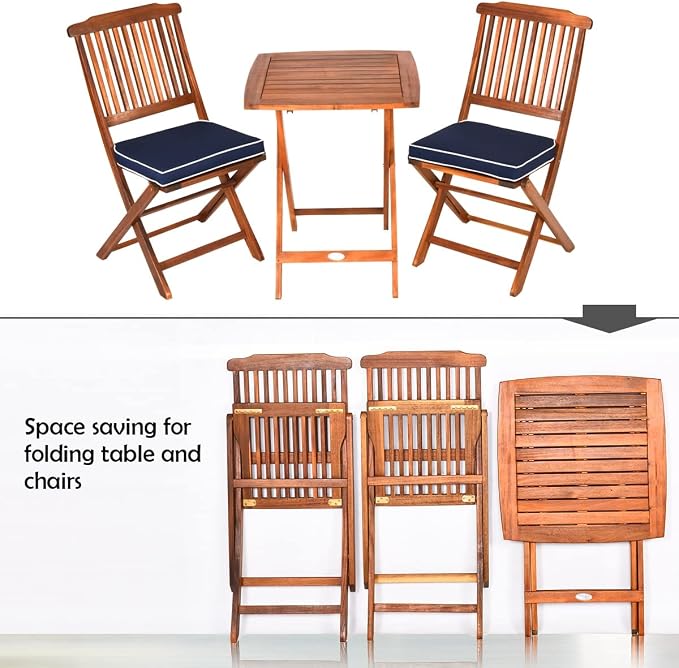 3PCS Patio Folding Wooden Bistro Set Cushioned Chair Conversation Table Seat Cushion