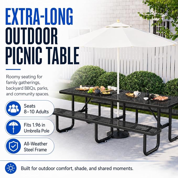 8FT Commercial Outdoor Metal Picnic Table with Umbrella Hole, Heavy-Duty Steel Patio Table & Benches, Seats 8-10 Adults, Weatherproof for Parks, Schools, Campgrounds & Backyards (Black)