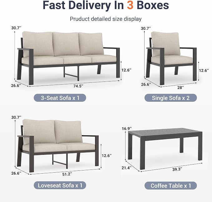 UDPATIO Aluminum Outdoor Patio Furniture Set 5 Pieces Metal Patio Conversation Sets Modern Sofa Seating Set with Coffee Table for Deck,Garden Backyard, Beige