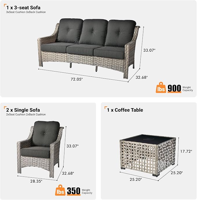 ovios 4 Piece Outdoor Patio Furniture with 3 Seat Sofa,Rattan Wicker Coversation Set with High Back,Sectional Single Sofa with Ottoman for Outside Porch Balcony Backyard Pool, Black