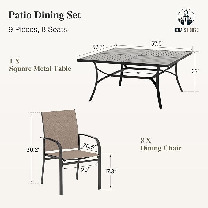 HERA'S HOUSE 9pc Outdoor Patio Dining Set for 8, Textilene Chairs, Brown | 57.5" Square Metal Table with umbrella hole. Waterproof, rust-resistant, all-weather for backyard, porch