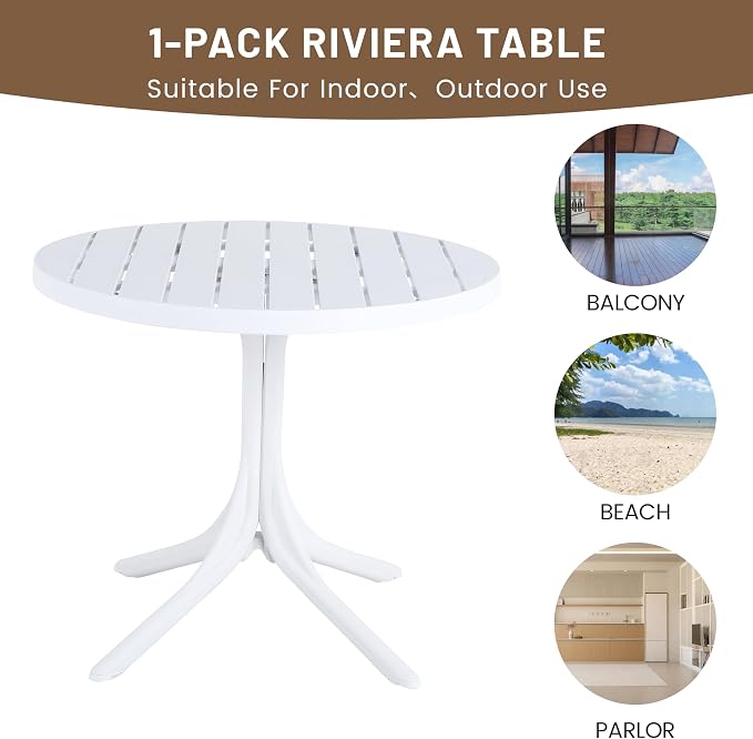 Summer 36 Inch Round White Plastic Table, Indoor/Outdoor Dining & Coffee Table, Lightweight & Foldable All-Weather Patio Table for Garden, Courtyard, Camping, Easy Assembly